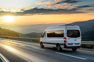White minibus driving on a scenic highway during sunset, showcasing intercity public transportation in a mountainous landscape.