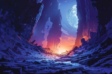 Fototapeta premium Alien planet landscape with moon and glowing crevice