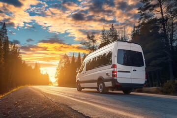 Obraz premium Rear view White minibus driving on a scenic forest road at sunset, illustrating intercity public transportation and natural landscapes
