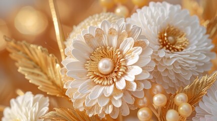 Beautiful close-up of elegant gold and white flower arrangement with pearl accents, perfect for luxury decor and floral inspiration.