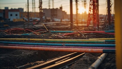 Colorful utility pipes at urban construction site
