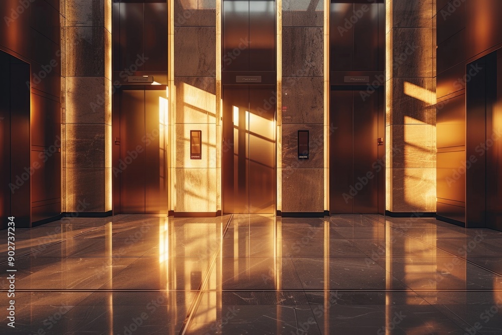 Poster a modern high-rise building with multiple elevators, suitable for use in architecture or urban plann
