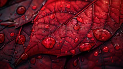 Fototapeta premium Close-up shot of vibrant red leaves with water droplets, showcasing natural texture and beauty. Perfect for nature and botanical themes.
