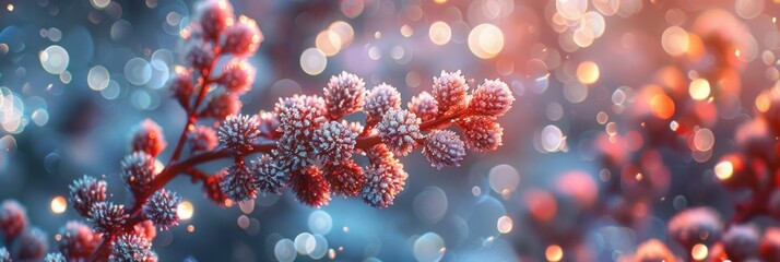 Frost-covered branches with a beautiful bokeh effect, creating a wintery, magical atmosphere with shimmering lights in the background.