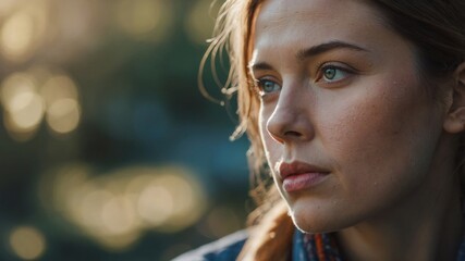 Young woman gazing thoughtfully in natural light
