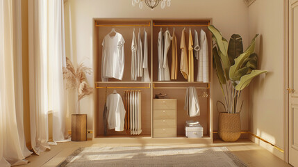 Modern wardrobe setup featuring neatly arranged clothing and accessories, showcasing a minimalistic and organized approach to wardrobe design with stylish storage solutions