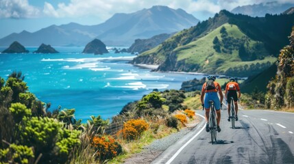 Fototapeta premium Cyclists on a scenic coastal road, perfect for active and adventurous transport backgrounds.