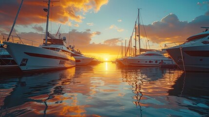 Docked sailboats in a marina at sunset, perfect for maritime transport backgrounds.