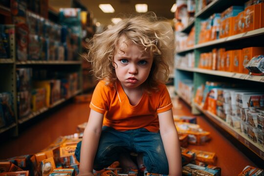 Childrens emotional behavior disorders A child in a toy store sits angrily on the floor among the toys