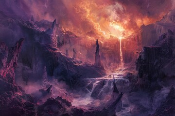 Molten lava river flowing through a rocky canyon landscape with waterfalls
