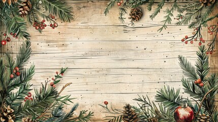 festive christmas banner, adorable christmas botanical doodle banner with pine branches, mistletoe, ornaments on rustic wood background hand-drawn and charming