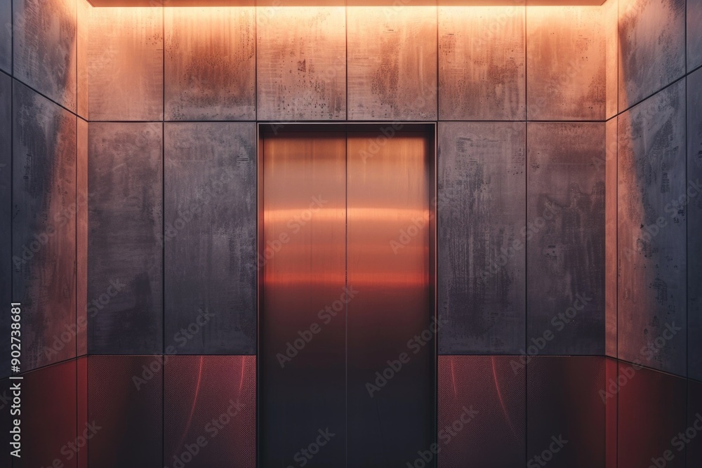 Poster elevator in modern building with red lighting, suitable for use in architecture or technology relate