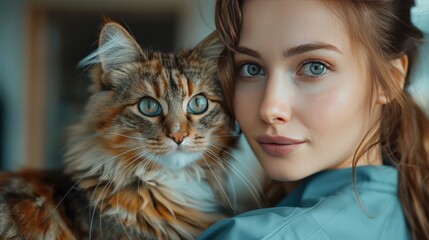 Young Woman and Her Fluffy Cat Enjoying Quality Time Indoors Together During Late Afternoon