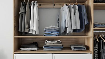 Modern wardrobe setup featuring neatly arranged clothing and accessories, showcasing a minimalistic and organized approach to wardrobe design with stylish storage solutions