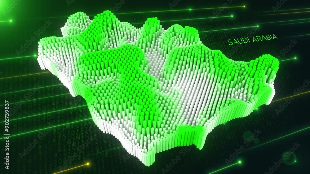 Poster digital motion 3d perspective dynamic rippling map of saudi arabia in green and white, set against d