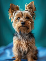 Adorable Yorkshire Terrier Sitting on Soft Blanket Against Turquoise Background at Home