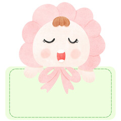 A baby in a pink hat is peeking on the message box.