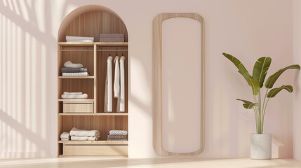 Modern wardrobe setup featuring neatly arranged clothing and accessories, showcasing a minimalistic and organized approach to wardrobe design with stylish storage solutions