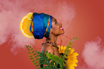 Composite collage image of stunning african female turban flowers nature orange culture fantasy...