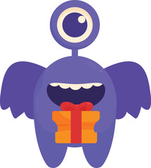 Cute, smiling, one eyed purple monster holding a gift box