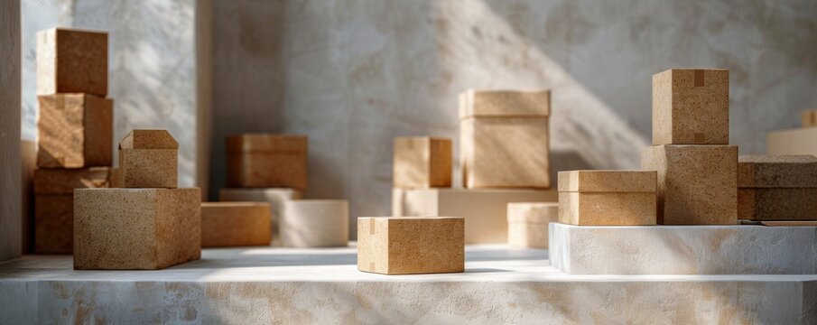 Minimalist arrangement of brown gift packages tied with twine on a white background