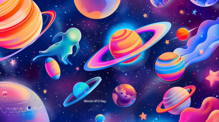 Colorful Galaxy with Planets and UFOs for World UFO Day