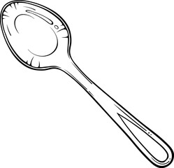 Spoon top view. Stainless steel cutlery. Vector illustrations in hand drawn sketch style isolated on white. Black outline graphic for print, coloring book
