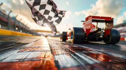 F1 racing car crossing the finish line under checkered flag at sunny day. Racing car on track...