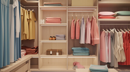 Modern wardrobe setup featuring neatly arranged clothing and accessories, showcasing a minimalistic and organized approach to wardrobe design with stylish storage solutions