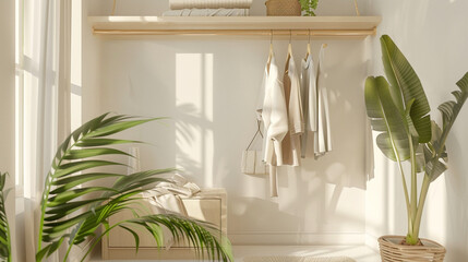 Modern wardrobe setup featuring neatly arranged clothing and accessories, showcasing a minimalistic and organized approach to wardrobe design with stylish storage solutions