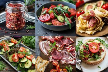 a collage of various food items, including marinated meat, a jar of preserved vegetables, a dish with arugula and sun-dried tomatoes, a plate of pasta, and open-faced sandwiches with tomatoes