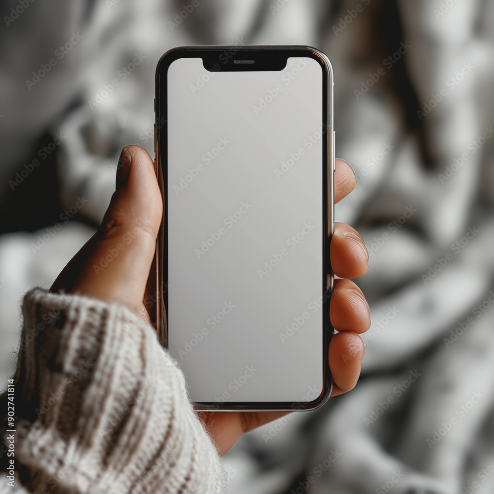 Poster close-up view of a hand holding a smartphone with a blank white screen, mobile device mockup templat