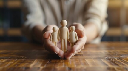 Health care and life insurance concept with hands protecting a family figurine on a wood table, symbolizing safety and protection in a caring environment.