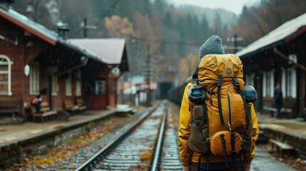 Male hiker at a train station in the mountains, perfect for adventure travel themes.