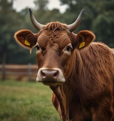 Portrait of brown cow wearing cow bell standing outdoors