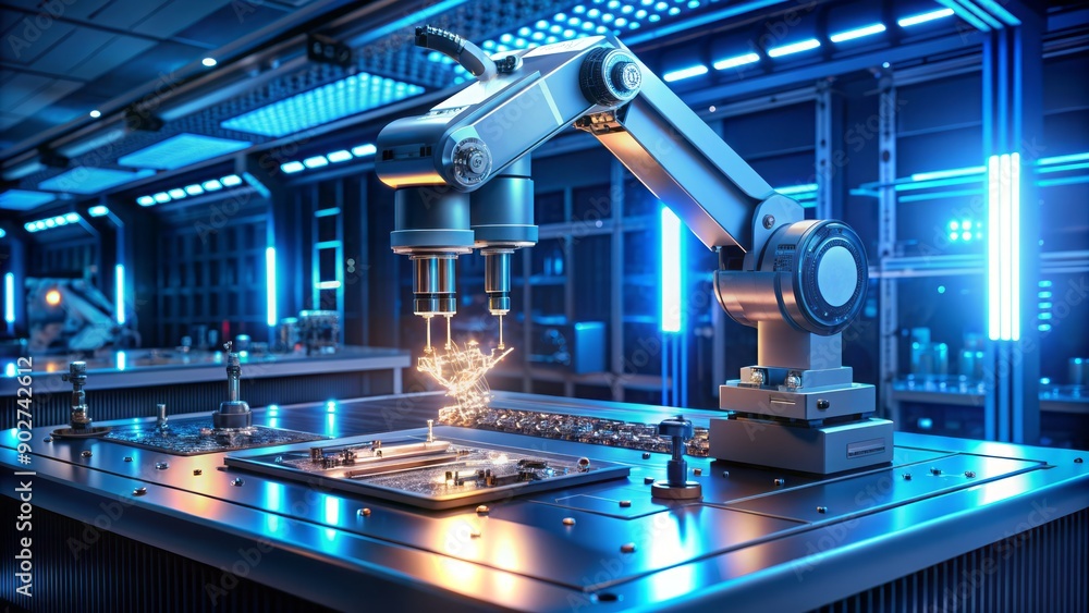 Poster futuristic robotic arm assembling microelectronics on a sleek modern laboratory bench surrounded by 