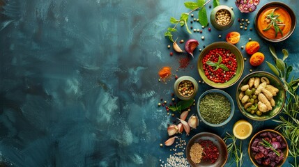 Herbs and spices, food ingredients on blue background, top view, copy space