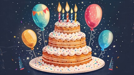 A multi-tiered birthday cake with lit candles, colorful balloons, and festive decorations, illustrated in a vintage style.