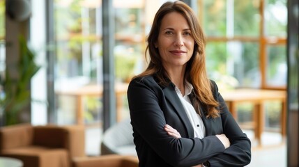 Confident businesswoman standing in modern office lobby