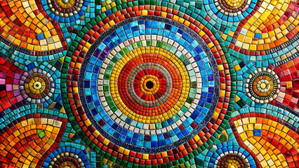 Vibrant mosaic artwork featuring contrasting colors and asymmetrica texture wall Striking mosaic display with intricate patterns, representing historical and artistic craftsmanship background 