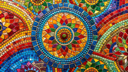 Vibrant mosaic artwork featuring contrasting colors and asymmetrica texture wall Striking mosaic display with intricate patterns, representing historical and artistic craftsmanship background 