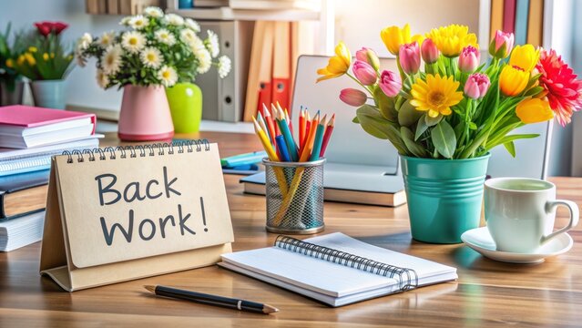 Vibrant office supplies and fresh flowers on a clean desk with a welcoming notebook that reads welcome back to work.