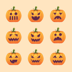 Set of Different Faces Halloween Pumpkin Illustrations