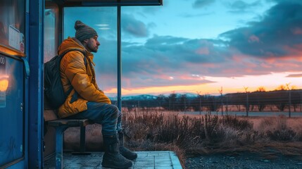 Man waiting at a bus stop in a rural area, with ample space for adventure travel text.