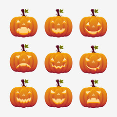 Set of Different Faces Halloween Pumpkin Illustrations