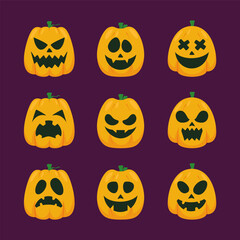 Set of Different Faces Halloween Pumpkin Illustrations