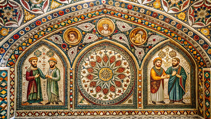 Vibrant mosaic artwork featuring contrasting colors and asymmetrica texture wall Striking mosaic display with intricate patterns, representing historical and artistic craftsmanship background 