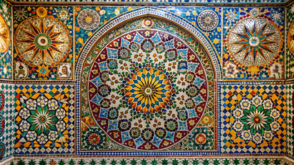 Vibrant mosaic artwork featuring contrasting colors and asymmetrica texture wall Striking mosaic display with intricate patterns, representing historical and artistic craftsmanship background 