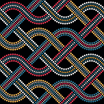 Abstract geometric dotted mesh with intertwined wavy lines on a black background. Ethnic retro style design with small circles in yellow, red, blue, and white. Seamless repeating pattern.