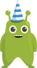 Friendly green alien wearing a blue and white striped birthday hat and smiling